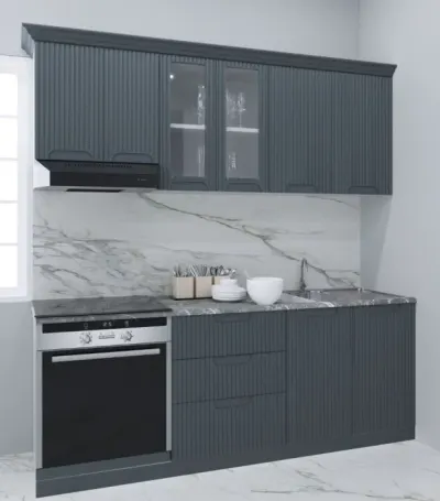 Set bucatarie SPACE 200 cm, 6 corpuri, corp cuptor, cu sertare, blat termorezistent, fronturi MDF, antracit