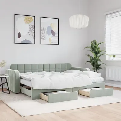 Gossi pat de zi cu extensie si sertare, gri deschis 80x200 cm catifea