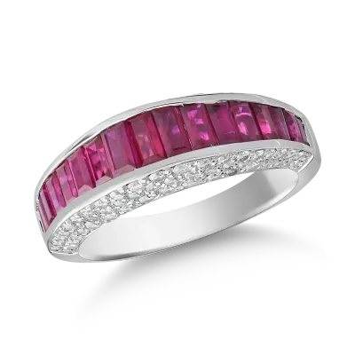 Inel din aur alb cu rubine baguette de 1.7ct si diamante de 0.8ct