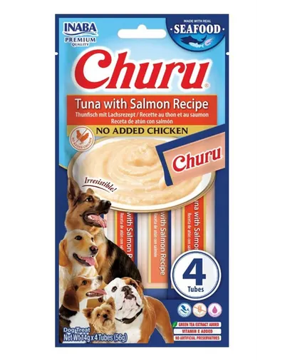 INABA Dog Churu Fish Based Tuna with Salmon Recipe 4x14g snack cremos cu ton și somon pentru câini