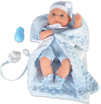 Papusa bebe Moni - Cu paturica albastra si accesorii, 36 cm