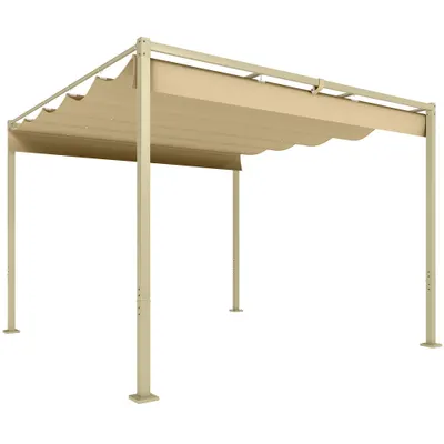 Outsunny Pergolă de Grădină cu Acoperiș Retractabil și Sistem de Prindere Magnetic, 298x297x221 cm, Kaki | Aosom Romania