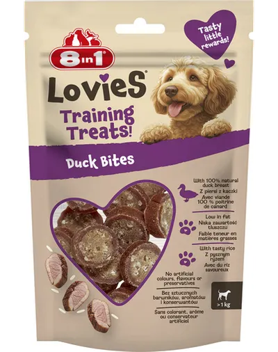8IN1 Lovies Training Treats Duck Bites 90 g recompense pentru dresaj cu rață și orez pentru câini