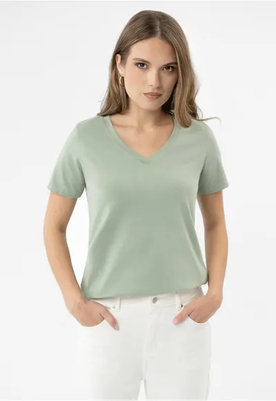 Tricou dama din bumbac - maneca scurta - decolteu in V - Ragular Fit - uni - T-Lea - menta - Verde menta