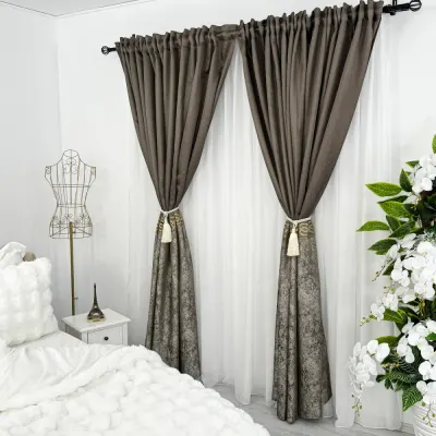 Set 2 Draperii Royal, Satinata, Texturata, Gri cu Auriu, 140cm latime x 260cm inaltime, cu tiv lat pt bara