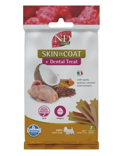 FARMINA N&D Quinoa Dental Treat Skin Coat Quail Mini 60 g baton dentar caini de talie mica, cu prepelita