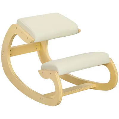 HOMCOM Scaun Ergonomic Postural din Material Textil, Scaun pentru Genunchi cu Mișcare de Legănare, 55x85x55 cm, Alb Crem | Aosom Romania