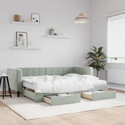 Gossi pat de zi cu extensie si sertare, gri deschis 80x200 cm catifea