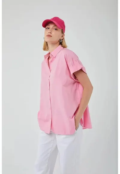 Camasa dama - cu maneca scurta supradimensionata - roz pudrat - textil