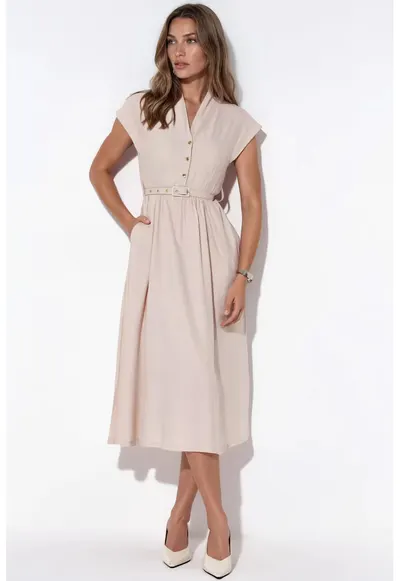Rochie Maxi casual - cu cordon - bej natural - poliester