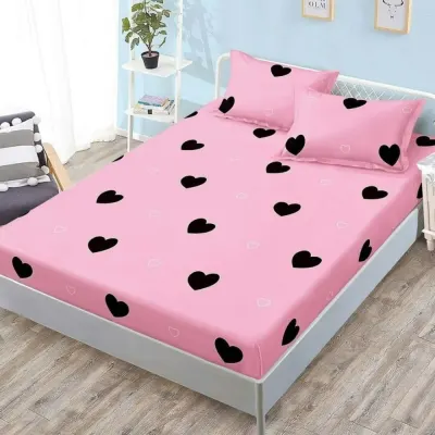 Cearsaf cu Elastic, Bumbac Satinat, 180x200 cm + 2 Fete de Perna 50x70 cm, Roz, Inimioare