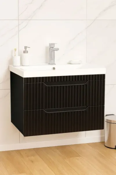 Set Baza front MDF si Lavoar seria 733, suspendata, cu sertare, montat, 70 cm, negru