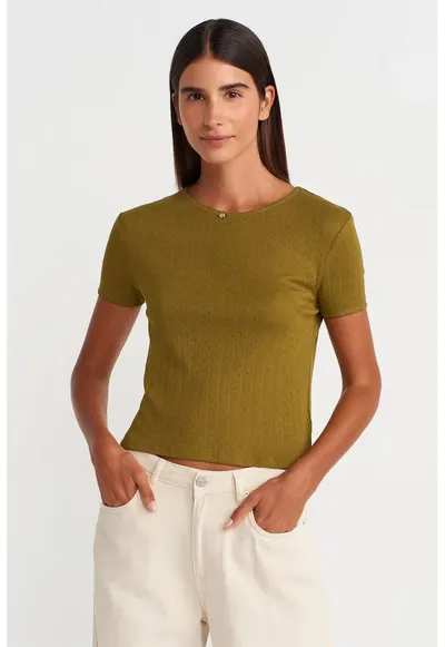 Tricou crop - slim fit - verde kaki - bumbac/modal