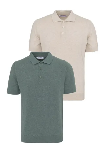 Set de tricouri din bumbac cu guler polo - 2 piese - Verde/Bej