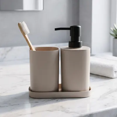 Set accesorii de baie, 3 piese, culoare taupe, design modern