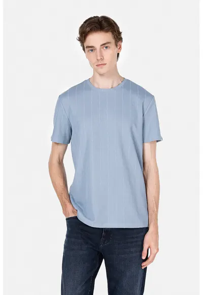 Tricou striat cu decolteu la baza gatului - Albastru pastel