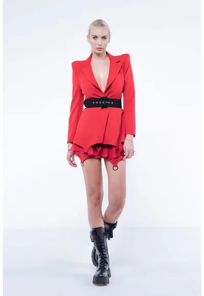 Fusta mini cu volane din matase si inele metalice Red