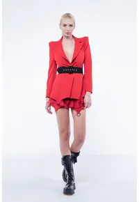 Fusta mini cu volane din matase si inele metalice Red