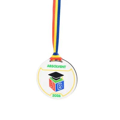 Medalie personalizată din lemn printat cu șnur tricolor