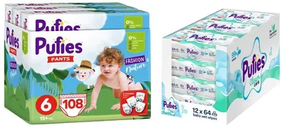 Scutece chiloței Pufies Fashion & Nature - Mărimea 6, 15+ kg, 108 buc + șervețele umede Pufies Clean Care - 12 x 64 buc