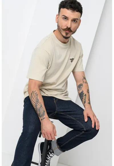Tricou de bumbac organic cu imprimeu grafic Hoya - Bej