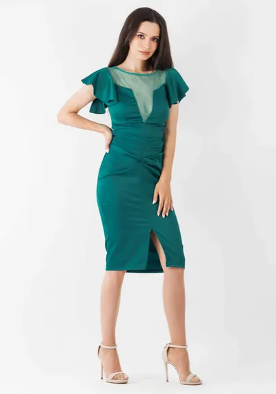 Rochie Moze verde conica prevazuta cu pliuri la talie