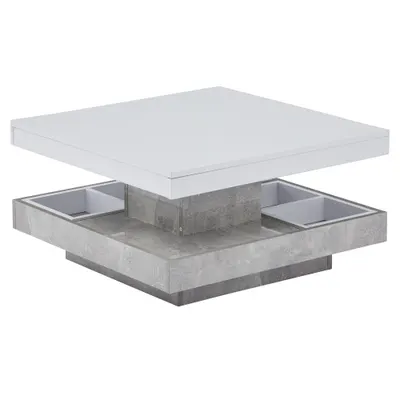 Măsuță de cafea lucioasă, rotativă la 360°, cu blat pe 2 niveluri și compartiment de depozitare, 70x70x36 cm, Alb
