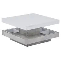Măsuță de cafea lucioasă, rotativă la 360°, cu blat pe 2 niveluri și compartiment de depozitare, 70x70x36 cm, Alb