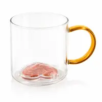 Cană cu model 3D inimioară portocalie, pereți dubli, sticlă borosilicată și inserție de sclipici, 300 ml, Aurora Glow