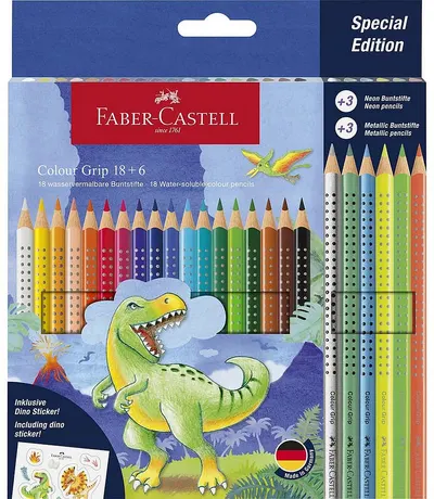 Creioane colorate Faber-Castell Grip 2001 - Dinozaur, 18 + 6 culori