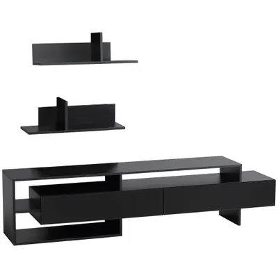 Suport TV modern HOMCOM cu 2 rafturi din lemn, dulap TV cu compartimente deschise si dulapuri, negru | Aosom Romania