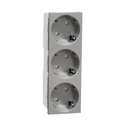Priza tripla, New Unica, mecanism, 2P, 16A, Schuko, cu obturatsau, terminal fara suruburi, vopsit, aluminiu