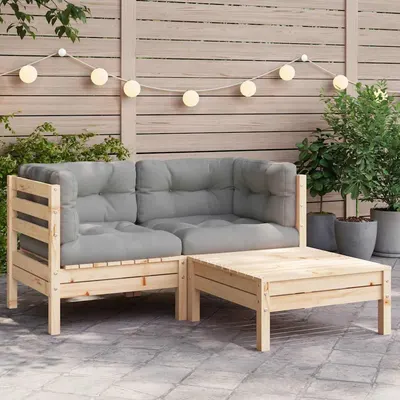 vidaXL Set mobilier de grădină cu perne gri, 3 piese, lemn masiv pin