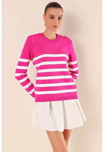 Pulover dama BigDart - guler rotund - dungi - detaliu cu nasturi - acrilic - Roz magenta