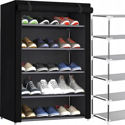Pantofar Textil NewEvo , 60 x 30 x 90 cm, cu 2 Fermoare, 5 Rafturi, 3 Buzunare Laterale pentru accesorii, Cadru metalic, Montaj Usor, Negru