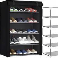 Pantofar Textil NewEvo , 60 x 30 x 90 cm, cu 2 Fermoare, 5 Rafturi, 3 Buzunare Laterale pentru accesorii, Cadru metalic, Montaj Usor, Negru