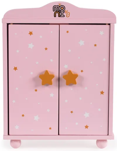 Dulap din lemn pentru papusi Moni Toys - Cu 3 umerase, roz