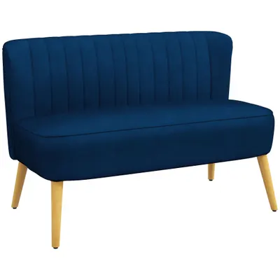 HOMCOM Canapea design retro 2 locuri, picioare din lemn, 117 cm x 56,5 cm x 77 cm, Albastru | Aosom Romania