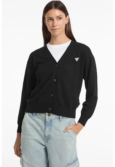 Cardigan cu decolteu in V si logo - Negru