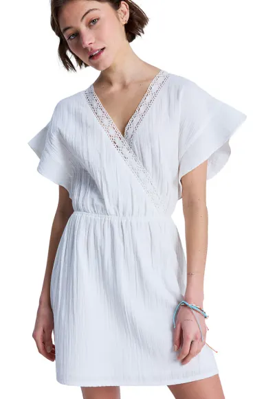 Rochie de bumbac organi cu decolteu in V crosetat - Alb