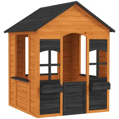 AIYAPLAY Căsuță din Lemn Copii cu Jardiniere, pentru Joacă Exterior/Interior, Vârsta 3-8, Maro | Aosom Romania