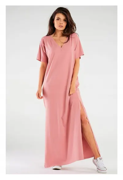 Rochie oversize tip chimono maxi din tricot de bumbac - - Roz