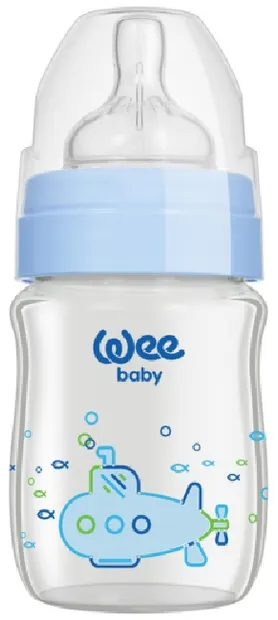 Biberon din sticlă termorezistentă Wee Baby Classic Plus, 120 ml, albastru