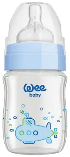 Biberon din sticlă termorezistentă Wee Baby Classic Plus, 120 ml, albastru