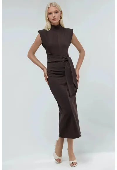 Rochie midi guler rotund - detalii cravata - maro - textil