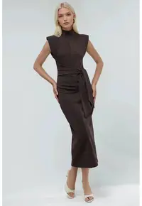 Rochie midi guler rotund - detalii cravata - maro - textil -