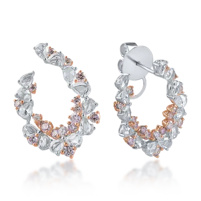 Cercei din aur alb-roz cu diamante incolore taietura rose de 1.49ct si diamante roz rotunde de 0.94ct