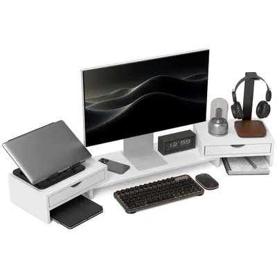 HOMCOM Suport monitor PC pentru birou cu 2 sertare, reglabil în lungime și unghi, pentru ecrane de 60-116 cm | Aosom Romania
