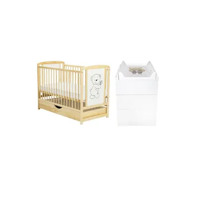 Set mobilier pentru copii, BabyNeeds: Patut din lemn de pin si MDF, cu sertar cu capac si somiera reglabila in 3 trepte, Timmi, 120x60 cm + Saltea cocos-burete-cocos, 12 cm + Comoda cu masuta de infasat, Alb/ Natur