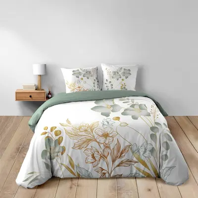 Lenjerie de pat albă-verde din bumbac pentru pat dublu, extinsă 240x220 cm Lolita – douceur d'intérieur
